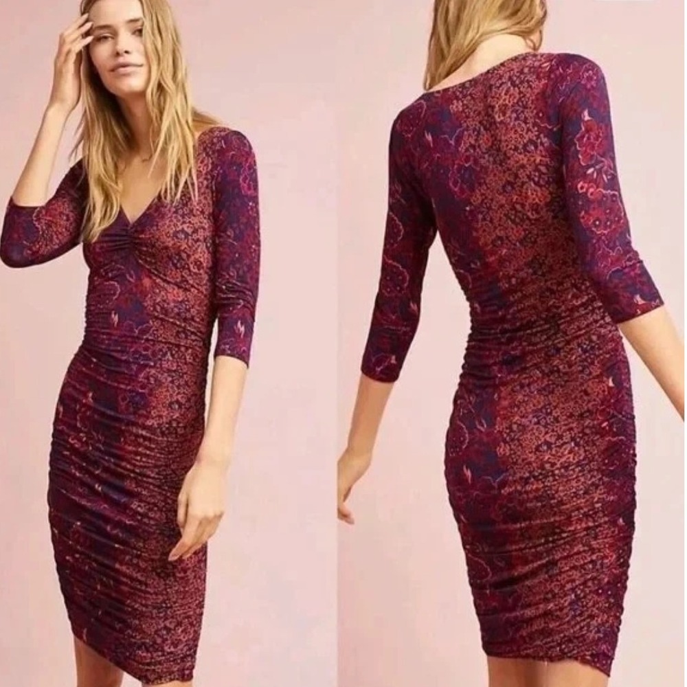 Moulinette Soeurs Begonia Ruched Dress Size Small Petite Red Blue Anthropologie